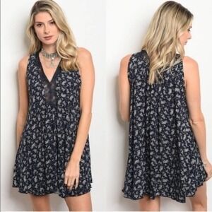 Boho Blue and Black Floral Sleeveless Tunic Dress BRAND NEW